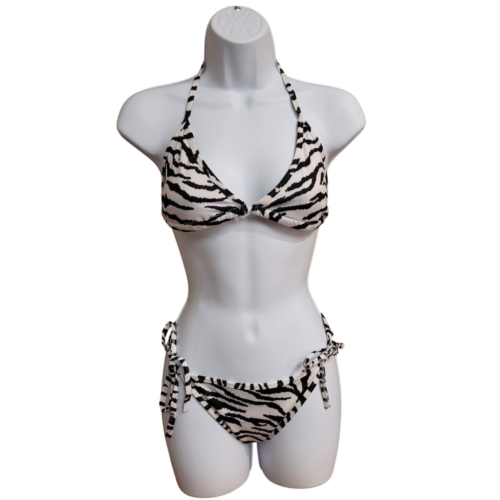 Zebra Print Triangle Bikini Set Black White Side Tie Swimsuit Two Piece